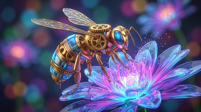 Steampunk mechanical bee made of gold gears and metal parts hovering over a glowing flower with steampunk insect robotic bee metal wings glowing petals nature technology futuristic insect