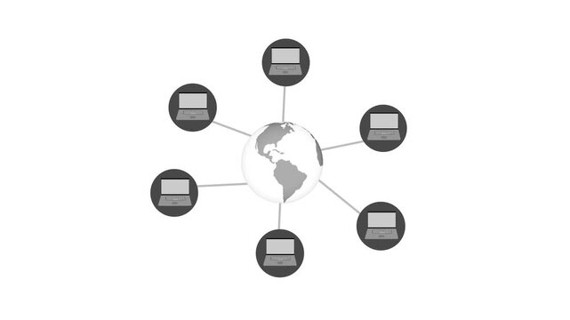 Stylized globe connected to six laptops by spokes, minimalist flat animation