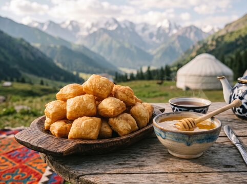 Traditional boorsok fried bread and honey on a wooden dish with mountains and yurt background