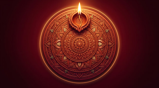 Diwali diya lamp on intricate mandala background, traditional oil lamp for deepavali festival, glowing candle on red clay pattern