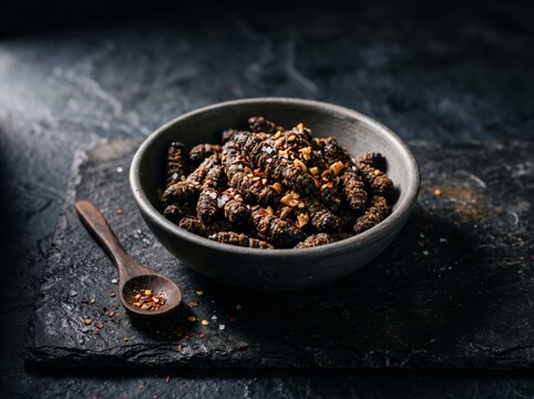 Crispy seasoned mopane worms served in a dark ceramic bowl with spices and salt on a slate surface