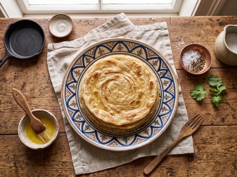 Layered chapatis resting on a patterned ceramic plate on a rustic wooden table with ghee
