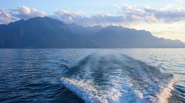 distance. A calm lake with a white wake cutting through water towards distant mountains at golden hour. travel magazines, destination branding, designed for outdoor magazines and nature guides.