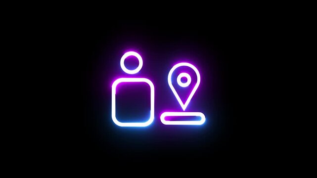 Neon user location icon pulsing with glowing blue and purple light on black background