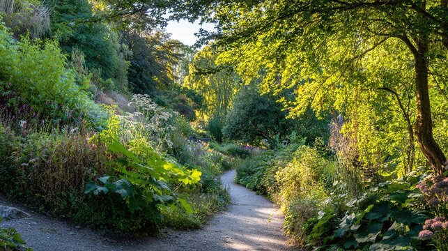 disappearing. A garden path forking into a narrow trail disappearing into shrubs. travel magazines, destination branding, designed for travel destination branding, used by sports marketers.
