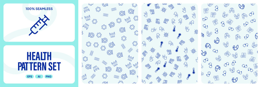 Set of seamless patterns with medical icons, health care symbols, syringe, stethoscope, thermometer, and pills, vector illustration