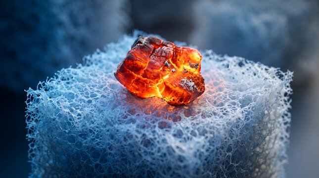 Glowing ember resting on a porous white ice block with hot coal porous texture fire ice melting ice cold contrast heat source frozen structure glowing material abstract warmth crystal texture