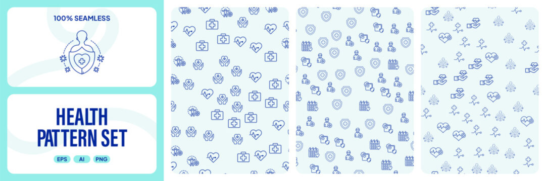 Health pattern set with medical icons, seamless background for healthcare, medicine, insurance, and wellness design projects
