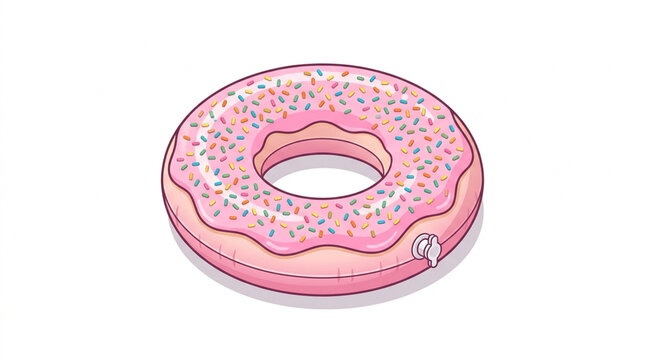 A high-quality isometric vector illustration of a pink donut-shaped swimming pool float with colorful sprinkles and frosting, isolated on a white background.