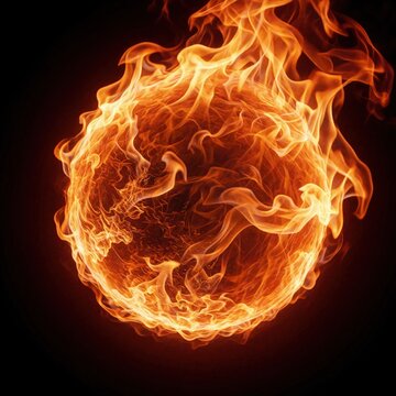 Fiery orb with swirling flames glows intensely. Abstract digital design depicts energy, power, and heat. Futuristic plasma effect with sparks and bright illumination.