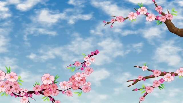 Animated Cherry Blossom Branches Against Blue Cloudy Sky