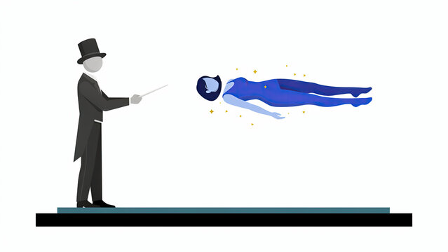 Flat vector illustration of a stage magician performing a levitation trick for a performance show