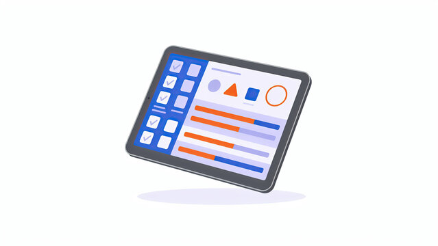 Flat vector illustration of a tablet showing task lists and analytical charts in minimal style