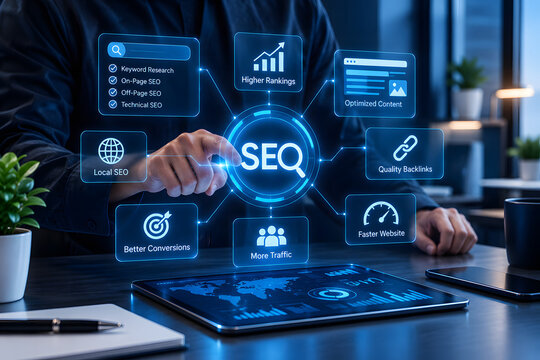 Business professional using a tablet to interact with a futuristic holographic seo interface for digital marketing growth