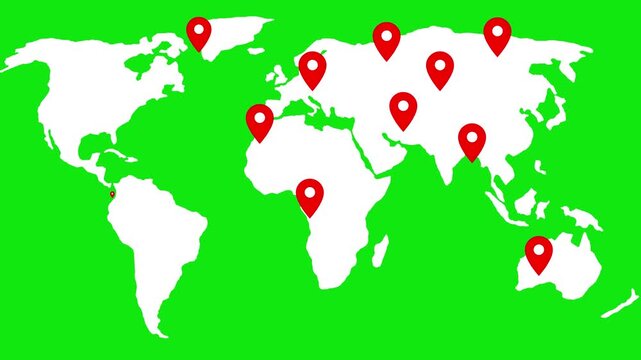 Simplified world map location pins marking various continents animation