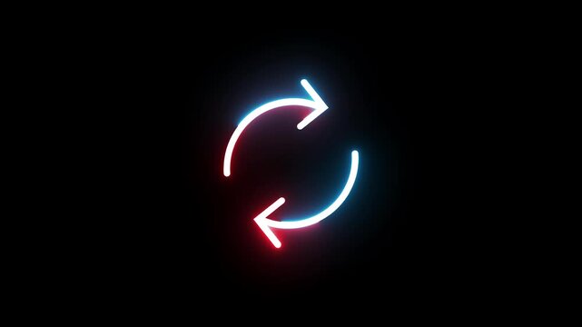 Rotating arrows icon with red and blue neon lights on black background, looping animation
