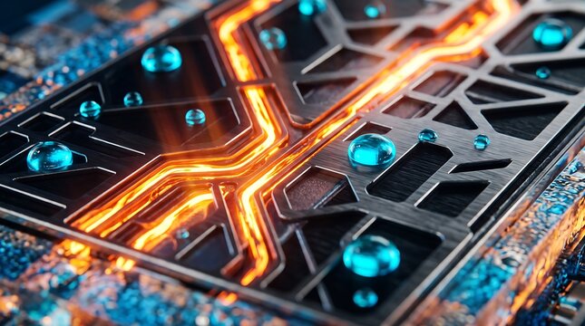 Glowing circuit pathways on a modern computer motherboard with water droplets computer hardware glowing circuits cooling system electronic board tech hardware liquid cooling digital pathways