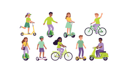 Diverse group of young people riding eco friendly electric scooters unicycles hoverboards and bicycles flat vector illustrations set © ali