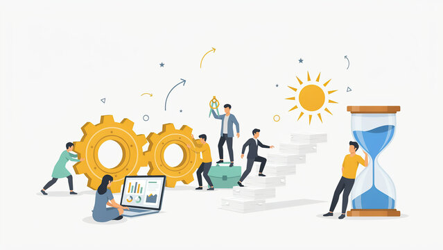 Flat vector illustration of business team collaborating on project development with gear wheels and hourglass timer
