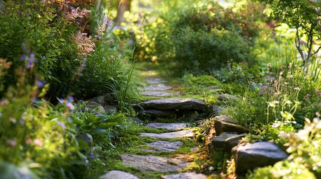 disappearing. A garden path forking into a narrow trail disappearing into shrubs. travel magazines, destination branding, designed for travel destination branding, used by sports marketers.