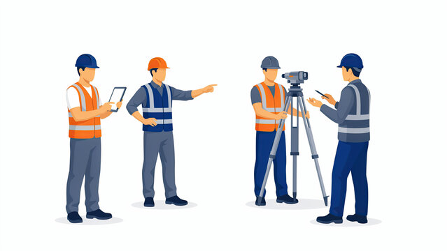 Flat vector illustration of construction workers using surveying equipment and tablets at a job site
