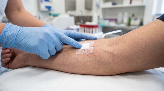 close-up of a patient&rsquo;s arm immediately after blood collection, small sterile adhesive dressing covering the venipuncture site, healthcare professional&rsquo;s gloved hands checking the area