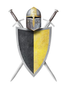 colorl shield helmet and two swords isolated on white
