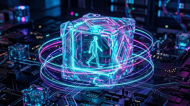 Digital human silhouette walking inside a glowing neon circuit cube with artificial intelligence data cube light trails human figure cyber world high tech smart tech futuristic tech data flow