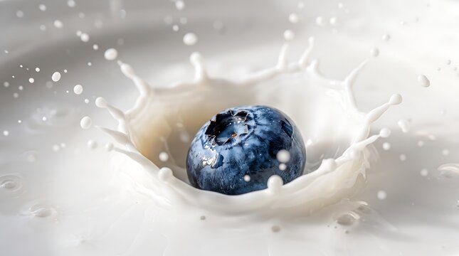 Fresh blueberry falling into creamy white milk creating a liquid splash with blueberry background nutrition wholesome ingredient close-up splashing culinary beverage breakfast superfood