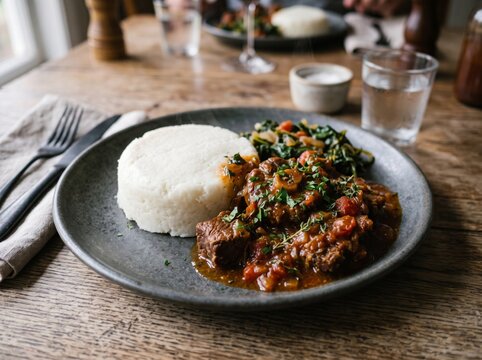 Zimbabwean sadza served with savory beef stew and greens on a rustic wooden table