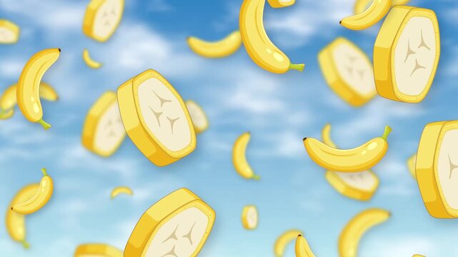 Animated Whole Bananas and Slices Falling Against a Blue Sky