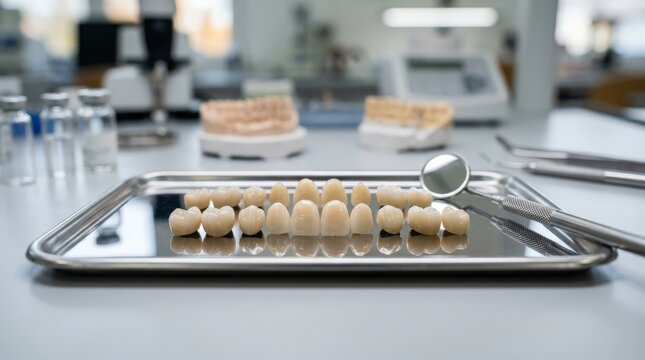 A shiny metal tray holds rows of custom dental crowns in a laboratory setting, showcasing the careful work of a dentist while dental tools lie nearby on the clean white table