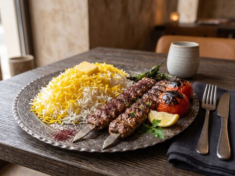 Serving Persian chelo kabab koobideh with saffron rice and grilled tomatoes on a traditional platter
