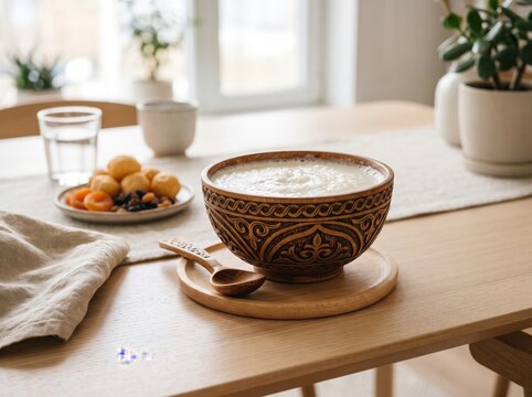 Traditional kumys served in an intricately carved wooden bowl with a wooden spoon on a dining table