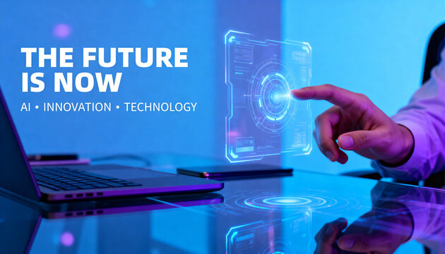 Modern workspace featuring a human hand interacting with a transparent holographic AI interface, realistic glass reflections and blue violet lighting, with premium technology advertising typography.