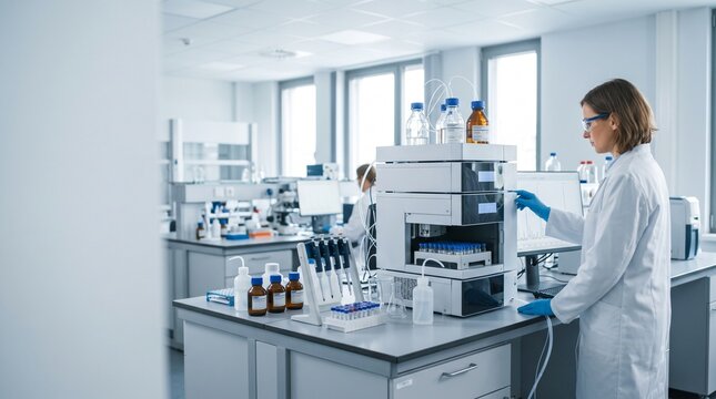 Female researcher sitting at a lab bench operating an HPLC chromatography system for chemical analysis