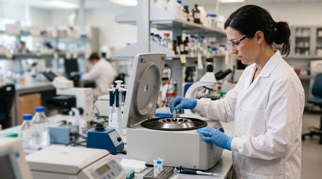 Female scientist inserting a sample cuvette into a spectrophotometer in a modern analytical laboratory