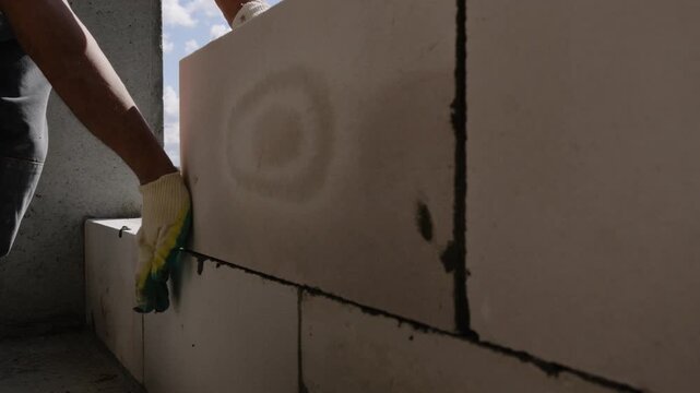 Gloved hand placing aerated concrete block into interior masonry wall at rectangular window opening with daylight backlight and mortar joints during construction