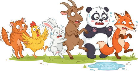 Naklejka premium A group of frightened cartoon animals standing together in a line.
