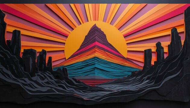 Paper Cutout Kirkjufell Mountain Iceland Sunset Sunburst Pop Art