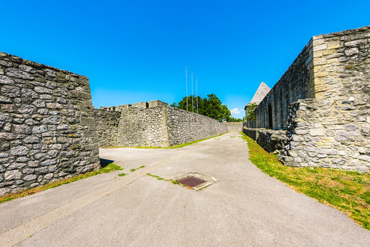 Ancient Kastel Fortress in Banja Luka, Bosnia and Herzegovina, massive stone walls and historic fortifications on the banks of Vrbas river.