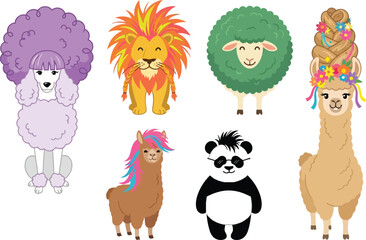 Fototapeta premium A collection of cute cartoon animals including a poodle lion sheep panda and llamas.
