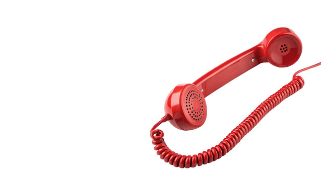 Classic vintage red rotary dial telephone handset with coiled cord isolated on transparent background