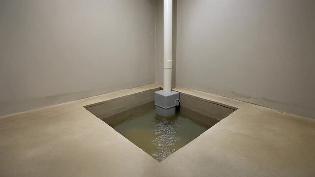 Small sump pump standing in an open pit in the corner of a clean residential basement
