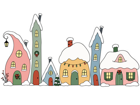 Whimsical snowy Christmas village with colorful crooked winter houses