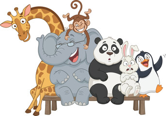 Fototapeta premium A group of diverse cartoon animals sitting together on a wooden bench.