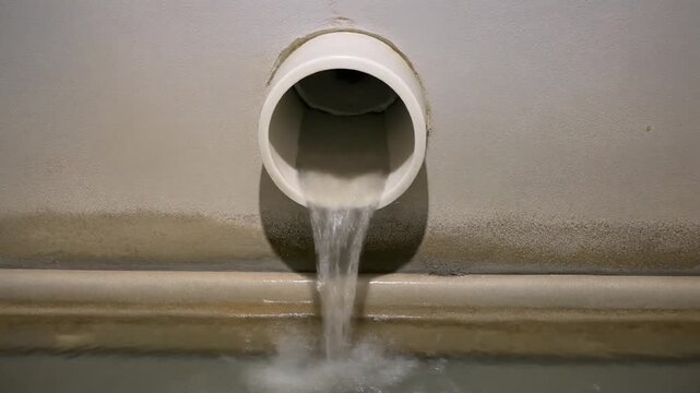 Water pouring from a residential sump pump discharge pipe through a basement wall