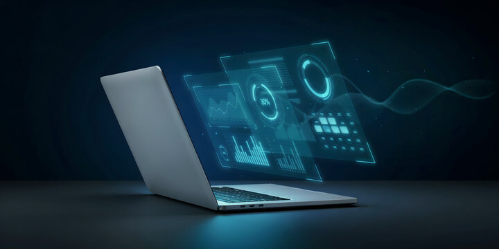 Open laptop with glowing blue digital data interface, holographic charts, graphs, and circular hud on a dark background, technology