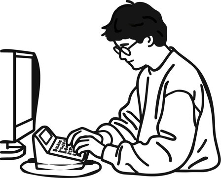 A person with dark hair is diligently working at a desk, using a braille display reader connected to a computer in a minimalist setting