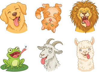 Fototapeta premium A collection of six cartoon animal illustrations featuring various creatures with their tongues sticking out.
